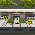 Modern Entrance Gate Design With Canopy Yellow Car Pedestrian And Green Trees