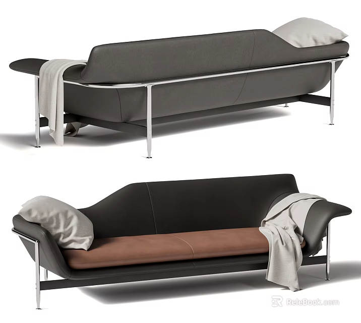 Modern Sleek Chaise Lounge With Black Leather Upholstery Metal Frame And Gray Blanket 3d model 