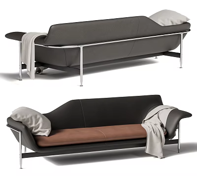 Modern Sleek Chaise Lounge With Black Leather Upholstery Metal Frame And Gray Blanket 3d model