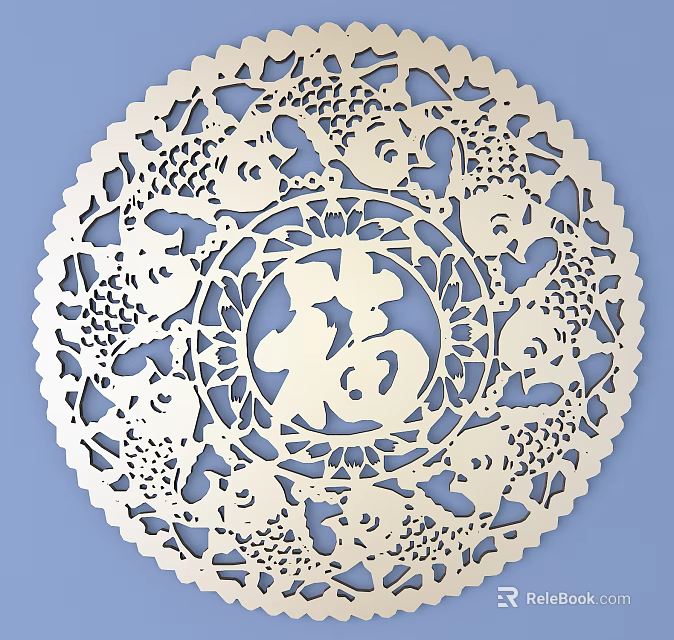 Intricate Round Carved Design with Detailed Lace Pattern and Central Traditional Motif on Blue Background 3d model 