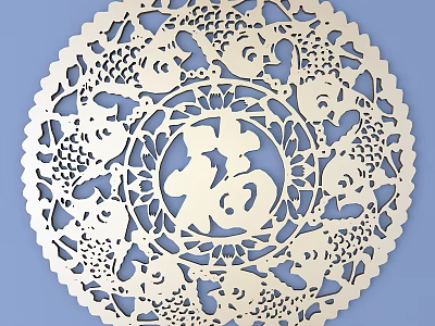 Intricate Round Carved Design with Detailed Lace Pattern and Central Traditional Motif on Blue Background 3d model