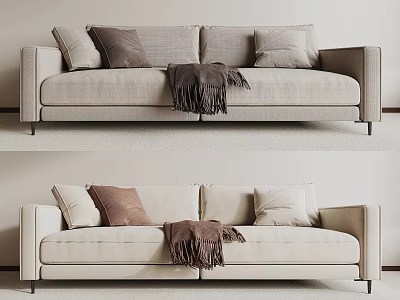 Modern Beige Two-Seater Sofa with Cozy Pillows and Dark Throw Blanket 3d model