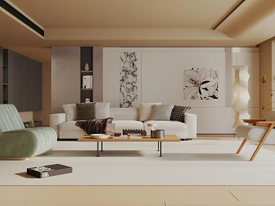 Modern Living Room Interior With White Sofa Green Accent Chair And Wooden Coffee Table 3d model