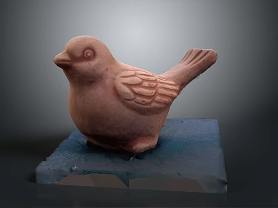 Detailed Terracotta Bird Sculpture Carving Standing On Blue Transparent Acrylic Base 3d model