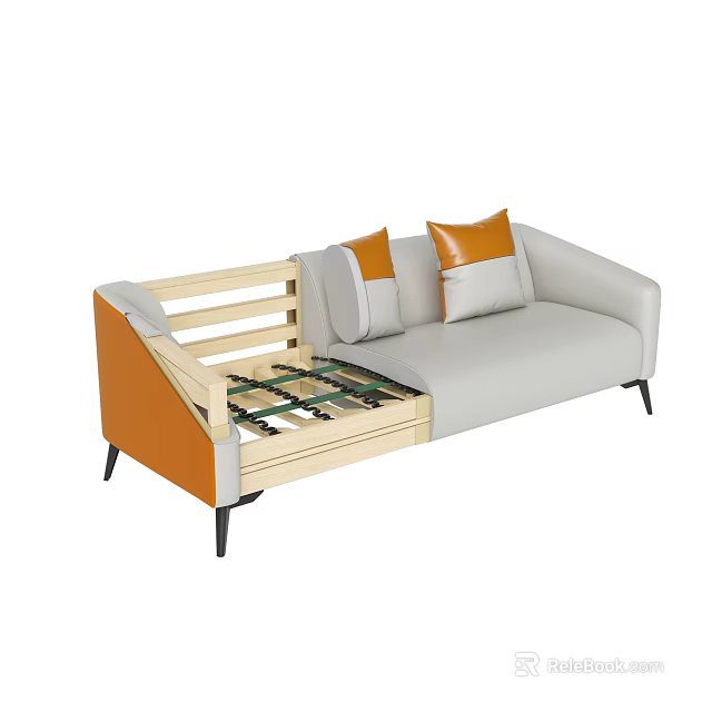 Gray And Orange Sofa With Storage Compartment Wooden Frame And Pillows 3d model 