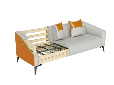 Gray And Orange Sofa With Storage Compartment Wooden Frame And Pillows 3d model