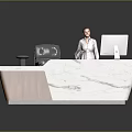 Modern Reception Desk With White Marble Top Wooden Base Gray Chair And Computer Monitor