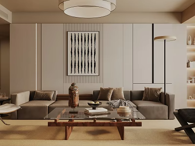 Modern Living Room With Light Gray Sofa Wooden Coffee Table And Abstract Wall Art 3d model
