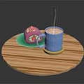 Pink Dessert With Strawberry Decoration And Blue Steaming Coffee Cup On Wooden Round Tray