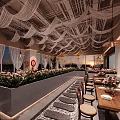 Elegant Modern Restaurant With White Wavy Ceiling Decorations Chandeliers And Flower Centerpieces On Dining Tables
