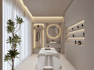 Minimalist White Beauty Salon Interior With Mirror Green Plant Treatment Table And Skincare Products 3d model
