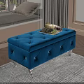 Blue Tufted Velvet Storage Bench With Silver Metal Legs And Magazine On Top
