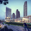 Modern High Rise Office Building Exterior With Sunlit Green Lawn Trees And People Activities