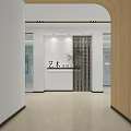 Modern Elevator Hallway With Wooden Walls Glass Partitions Landscape Paintings And Chinese Characters