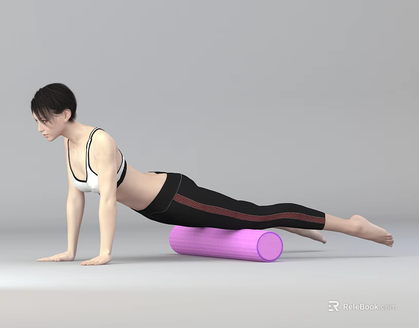 Woman performing plank exercise with purple yoga roller for core strength training 3d model 