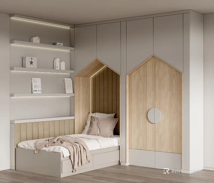 Cozy Kids Bed in Modern Kids Room with House Shaped Wooden Cabinets and White Shelves 3d model 