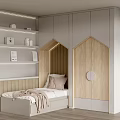 Cozy Kids Bed in Modern Kids Room with House Shaped Wooden Cabinets and White Shelves
