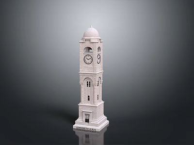 White Multi level Clock Tower Building With Dome Windows And Door 3d model