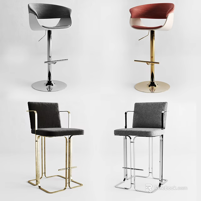 Modern Luxury Bar Stools With Metallic Frames Grey Fabric Seats And Transparent Bases 3d model 