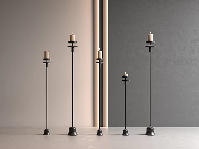 Five slim black candle shaped floor lamps in modern neutral room with gray walls 3d model