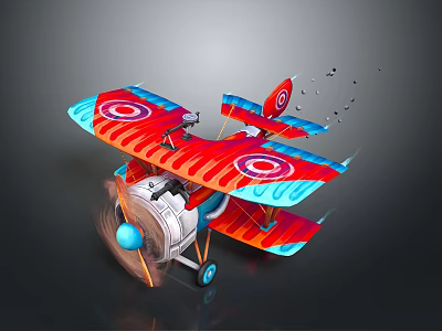 Vintage Red and Blue Biplane Model with Spinning Propeller and Circular Markings 3d model