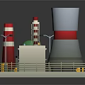 Cartoon Industrial Scene with Tall Red White Towers Small Building and Yellow Warning Signs