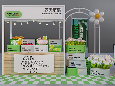 Farmer Market Booth with Fresh Produce String Lights White Flowers and Youth Party Decorations 3d model