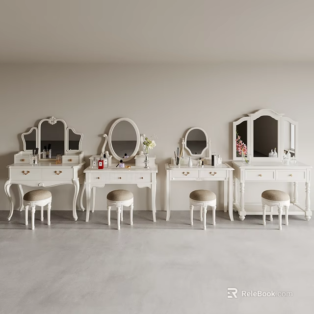 White Vanity Tables With Mirrors And Stools Decorative Items On Top 3d model