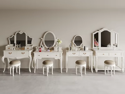 White Vanity Tables With Mirrors And Stools Decorative Items On Top 3d model