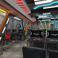 Modern Cyber Cafe Interior With Gaming Computers Ergonomic Chairs And LED Light Design 3d model
