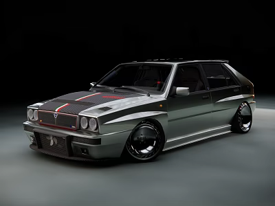 Classic Sporty Modified Hatchback Car Silver Body With Black Wheels And Red Front Stripe 3d model