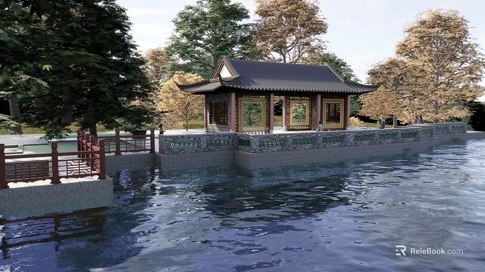 Waterfront Landscape With Traditional Chinese Pavilion Surrounded by Trees and Calm Water Surface 3d model 