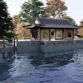 Waterfront Landscape With Traditional Chinese Pavilion Surrounded by Trees and Calm Water Surface