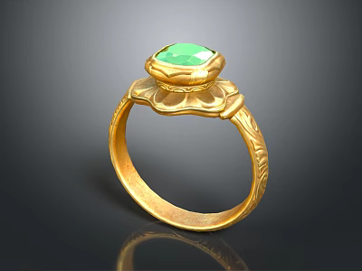 Elegant Gold Ring Featuring Green Gemstone And Intricate Floral Design 3d model