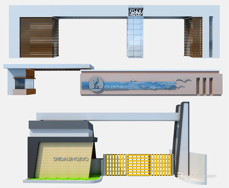 Shenzhen Airport Eastern Style Entrance Gate With Wooden Louvers Wave Pattern And Yellow Fence 3d model 