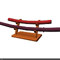 Decorative Ornament Set With Red Purple Curved Elements And Wooden Base