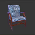 Traditional Armchair With Blue Patterned Fabric Upholstery Wooden Armrests And Wooden Legs For Living Room