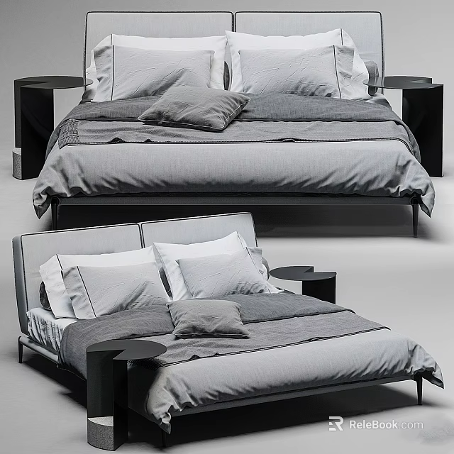 Modern Double Bed With Gray Bedding Pillow Cushion And Black Nightstands 3d model 