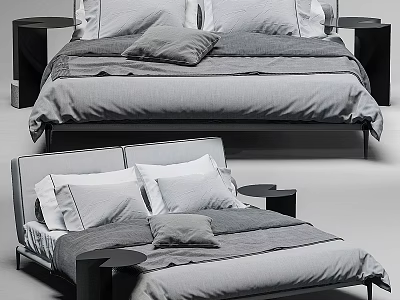 Modern Double Bed With Gray Bedding Pillow Cushion And Black Nightstands 3d model
