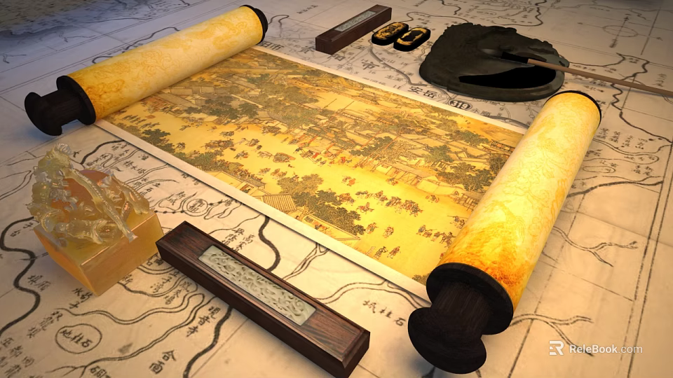 Traditional Chinese Landscape Painting on Unfolded Scroll with Ancient Ink Stone Brushes and Seals 3d model 