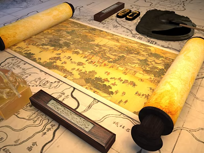 Traditional Chinese Landscape Painting on Unfolded Scroll with Ancient Ink Stone Brushes and Seals 3d model