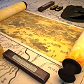 Traditional Chinese Landscape Painting on Unfolded Scroll with Ancient Ink Stone Brushes and Seals