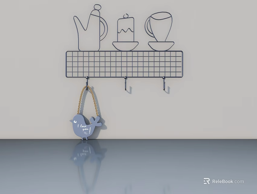 Modern Swing Door With Metal Grid Shelf Kettle Candle Cup Hooks And Blue Bird 3d model 