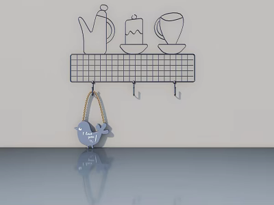 Modern Swing Door With Metal Grid Shelf Kettle Candle Cup Hooks And Blue Bird 3d model
