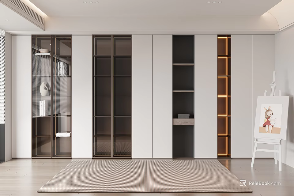 Stylish Modern Wardrobe Design With Glass Doors White Dark Panels And LED Lighting 3d model 