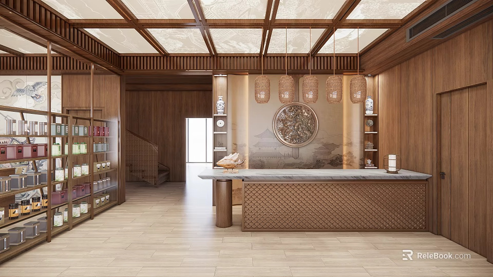 Reception Desk In Modern Chinese Style With Wooden Interior Circular Decor And Pendant Lights 3d model 