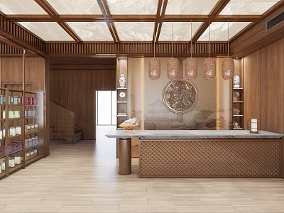 Reception Desk In Modern Chinese Style With Wooden Interior Circular Decor And Pendant Lights 3d model