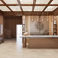 Reception Desk In Modern Chinese Style With Wooden Interior Circular Decor And Pendant Lights