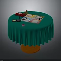 Round Table With Green Ruffled Tablecloth Orange Base And Board Game Setup