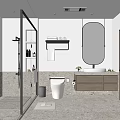 Modern Bathroom With Glass Shower Partition Stone Wall White Toilet Wooden Vanity And Oval Mirror